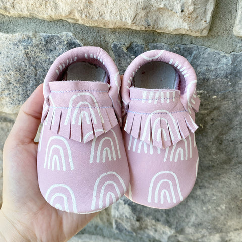 Soft Pink Rainbow hand painted moccasins