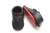 Black with Red Bottoms Moccasins