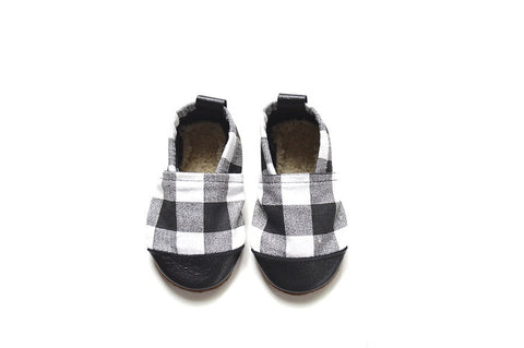 Black/White Plaid Fabric x Leather Bootie