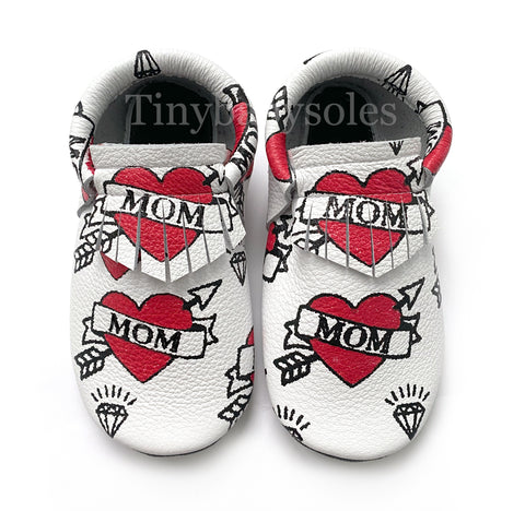 White MOM hand painted moccasins